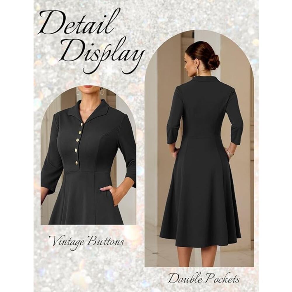 Women's Cocktail Dresses, Vintage Tea Party 3/4 Sleeves with Pocket, Black, XXL - Picture 2 of 3